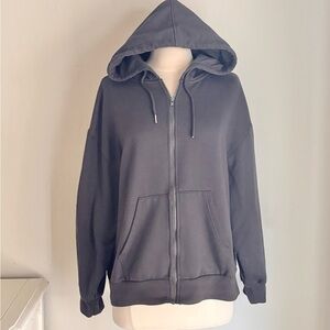 Dazy Solid Charcoal Gray Zip Front Fleece Hoodie, Small